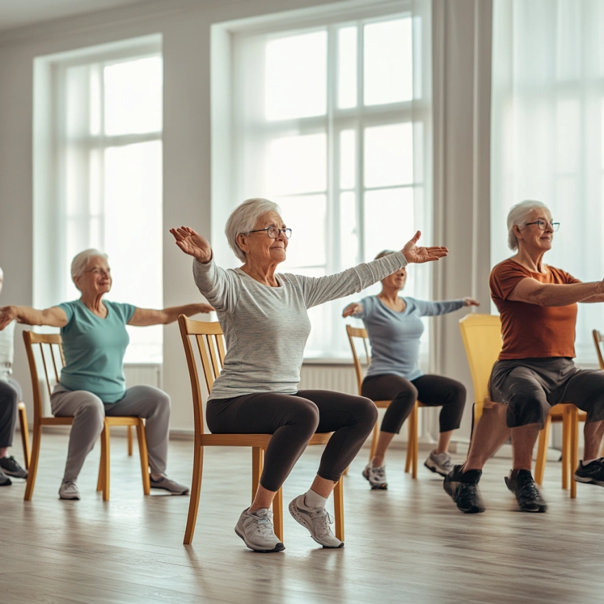 Група людей поважного віку виконують вправи на стільцях