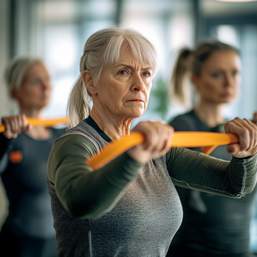 Активні літні люди виконують силові вправи з легкими гантелями